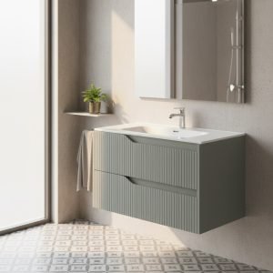 Mobile bagno sospeso Soho con due cassetti effetto cannettato colore verde opaco 80x45x50 cm.