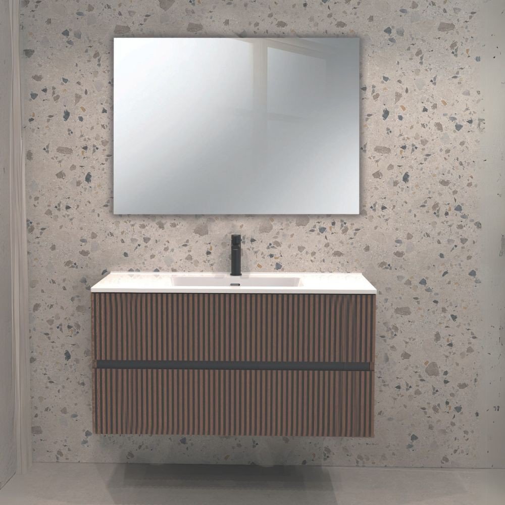 Mobile da bagno sospeso Belfast con due cassetti colore noce effetto cannettato