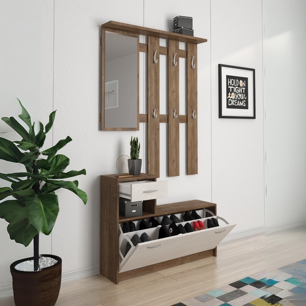 Mobile ingresso Rudolf con scarpiera colore noce eastwood e spatolato