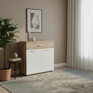 Mobile multiuso Irys con 2 ante e un cassetto colore bianco e rovere sonoma