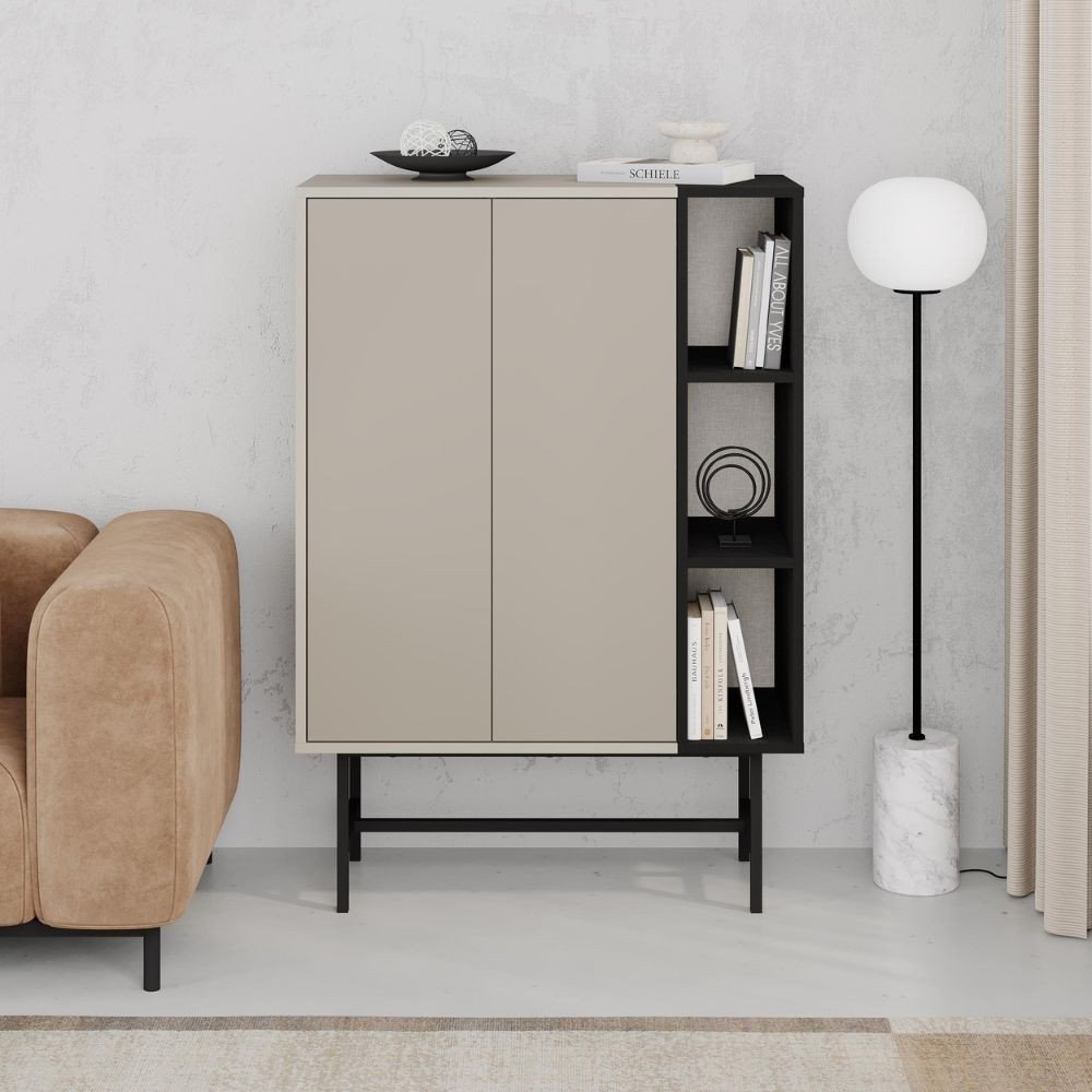 Mobile multiuso Mona con due ante cashmere e tre nicchie a giorno nere