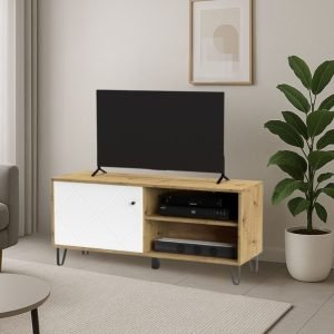 Mobile porta tv Bollo BO01 con due vani a giorno rovere e un'anta bianca con dettaglio geometrico