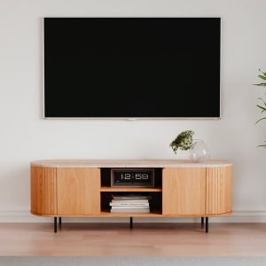 Mobile porta tv Fabia 56A con 2 ante e nicchie a giorno colore rovere e top effetto travertino