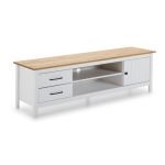 Mobile porta tv Miranda con 1 anta 2 cassetti e 2 vani a giorno in legno massiccio colore bianco e top pino