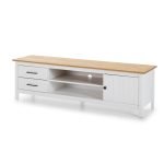Mobile porta tv Miranda con 1 anta 2 cassetti e 2 vani a giorno in legno massiccio colore bianco e top pino