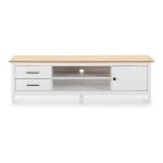 Mobile porta tv Miranda con 1 anta 2 cassetti e 2 vani a giorno in legno massiccio colore bianco e top pino