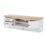 Mobile porta tv Miranda con 1 anta 2 cassetti e 2 vani a giorno in legno massiccio colore bianco e top pino