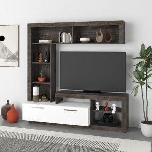 Parete attrezzata Leo con nicchie a giorno e anta a ribalta colore dark coffee e bianco