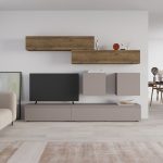 Parete attrezzata Licia in tortora e hitit noce H 186x40x250 cm.