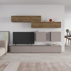 Parete attrezzata Licia in tortora e hitit noce H 186x40x250 cm.