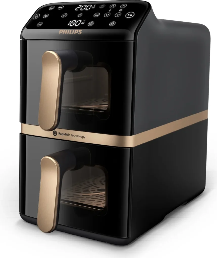 Friggitrice ad Aria Philips Doppio Cestello Capacità 10 Litri Potenza 2750 Watt Tecnologia Rapid Air con Timer e Termostato Regolabile colore Nero - NA462/70
