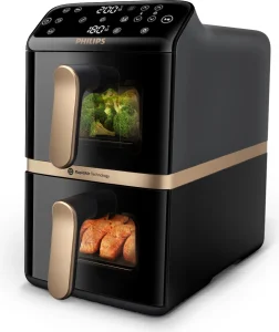 Friggitrice ad Aria Philips Doppio Cestello Capacità 10 Litri Potenza 2750 Watt Tecnologia Rapid Air con Timer e Termostato Regolabile colore Nero - NA462/70