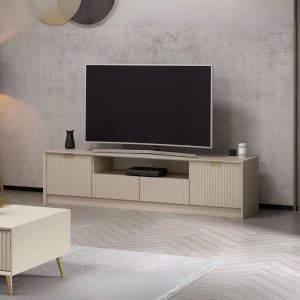 Porta tv Kale con 4 ante effetto cannettato e nicchia a giorno con maniglie oro