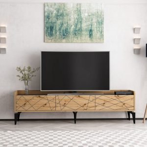 Porta tv Raya con 3 ante colore rovere nodato con intagli e top colore antracite