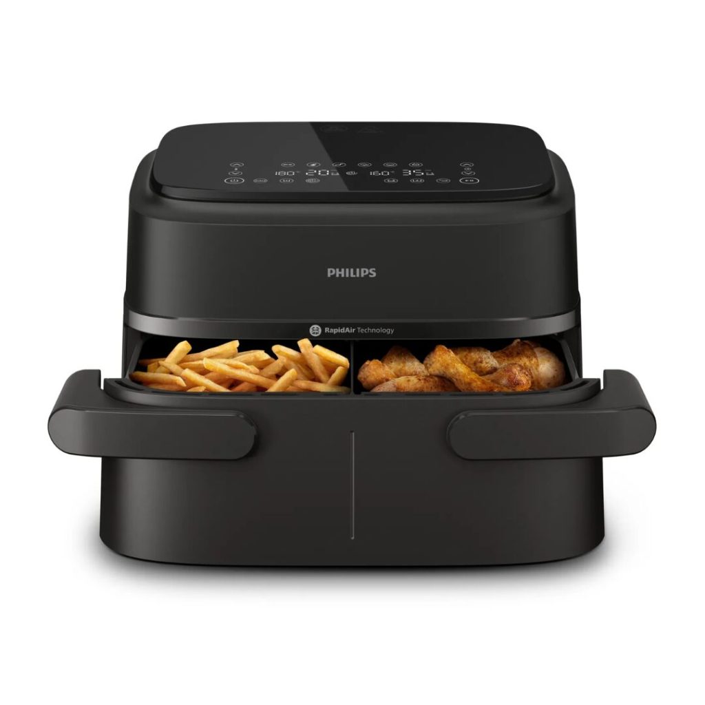 Philips Friggitrice ad Aria Capacità 7.1 Litri Potenza 2450 Watt Doppio Cestello Flessibile con Tecnologia Rapid Air colore Nero - NA150/00 Serie 1000