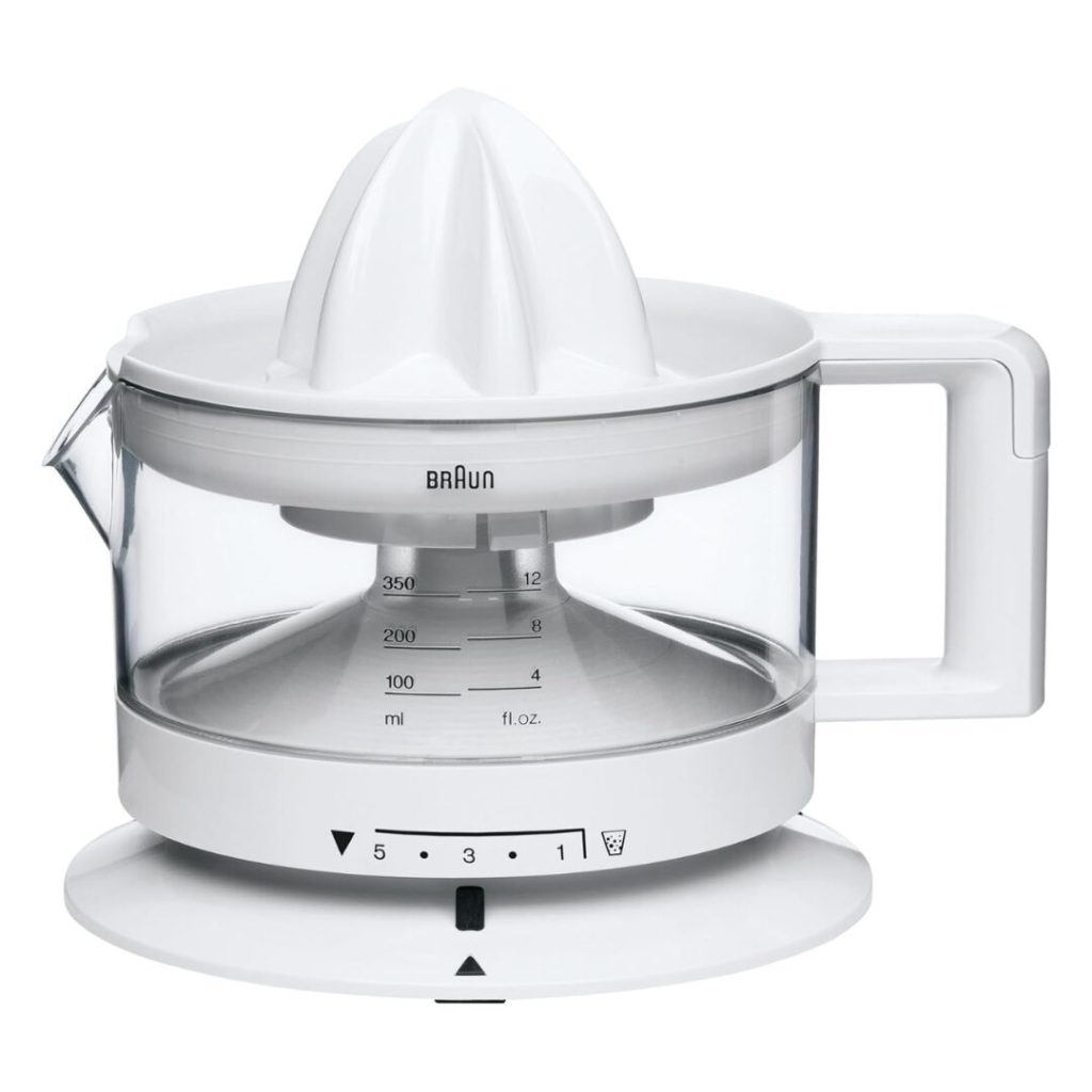 Braun CJ3000 Spremiagrumi, rotazione a destra e sinistra, avvio e arresto automatici, base antiscivolo, vano portacavo, capacità caraffa 350ml con misuratore graduato, pratico beccuccio, 20w, Bianco