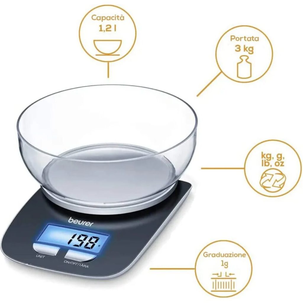 Beurer Bilancia da Cucina Digitale Elettronica con ciotola Capacità 1.2 Litri Portata Massima 3 Kg - KS25