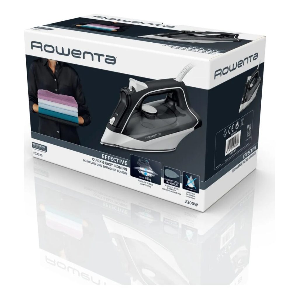 Rowenta Ferro da Stiro a Vapore Potenza 2200 Watt Piastra Acciaio inox colore Nero/Bianco - DX1530 Effective