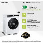 Samsung Lavasciuga 11+6 Kg Classe D Centrifuga 1400 giri Profondità 60 cm Inverter Funzione Vapore AI Control - WD11DG6B85BKU3