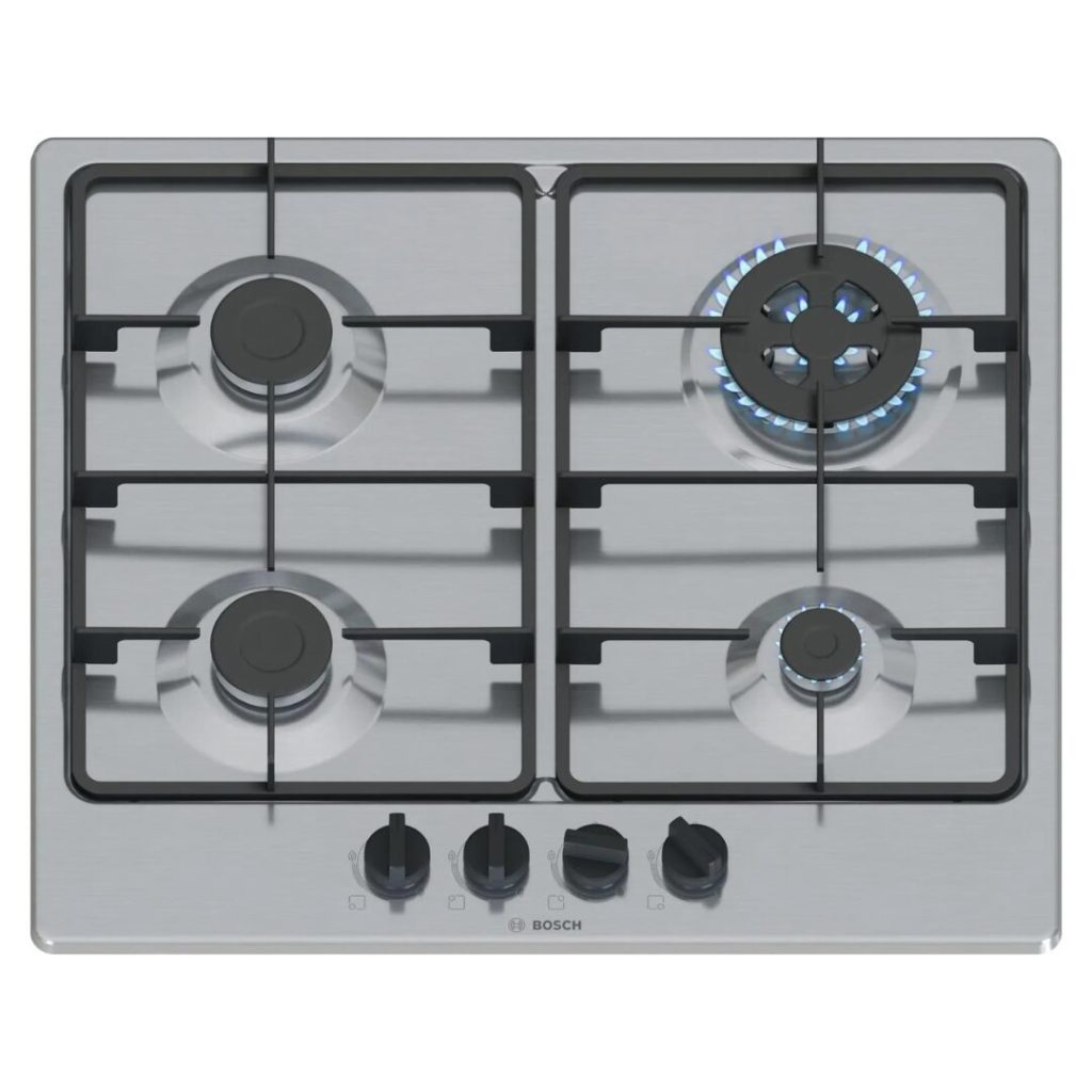Bosch Piano Cottura 4 Fuochi a Gas Larghezza 60 cm (1 Bruciatore Wok) in Acciaio Inox colore Inox - PGH6B5K60 Serie 4