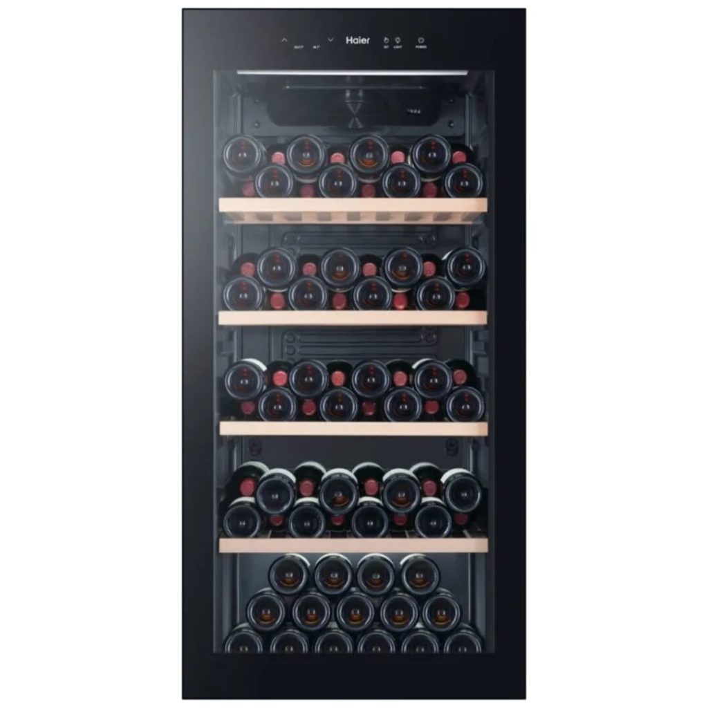 Haier Cantinetta Vino 117 Bottiglie, Classe G - Ripiani in Legno, Temperatura 0 - 20 °C, Vetro Anti UV, Luce LED colore Nero - WS120GA Wine Bank 60 Serie 5