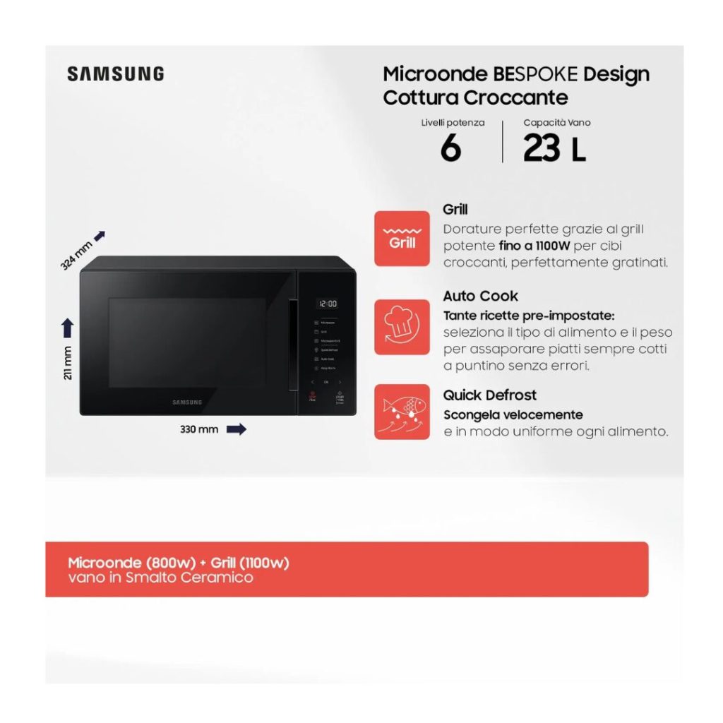 Forno Microonde Samsung 23 Litri 800 Watt - MG23T5018A