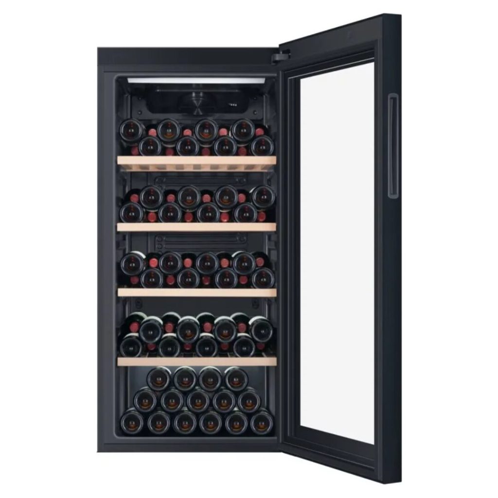 Haier Cantinetta Vino 117 Bottiglie, Classe G - Ripiani in Legno, Temperatura 0 - 20 °C, Vetro Anti UV, Luce LED colore Nero - WS120GA Wine Bank 60 Serie 5