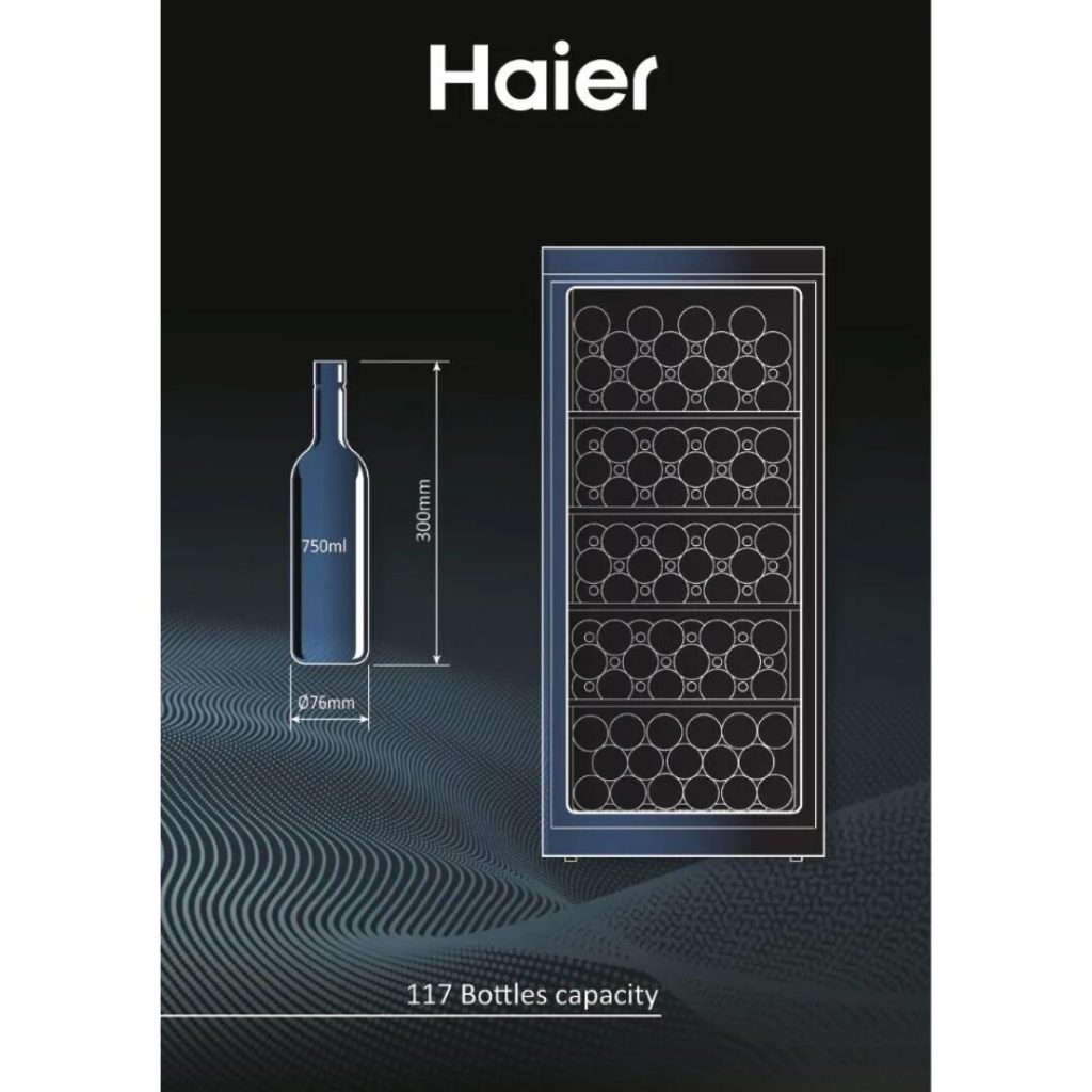 Haier Cantinetta Vino 117 Bottiglie, Classe G - Ripiani in Legno, Temperatura 0 - 20 °C, Vetro Anti UV, Luce LED colore Nero - WS120GA Wine Bank 60 Serie 5