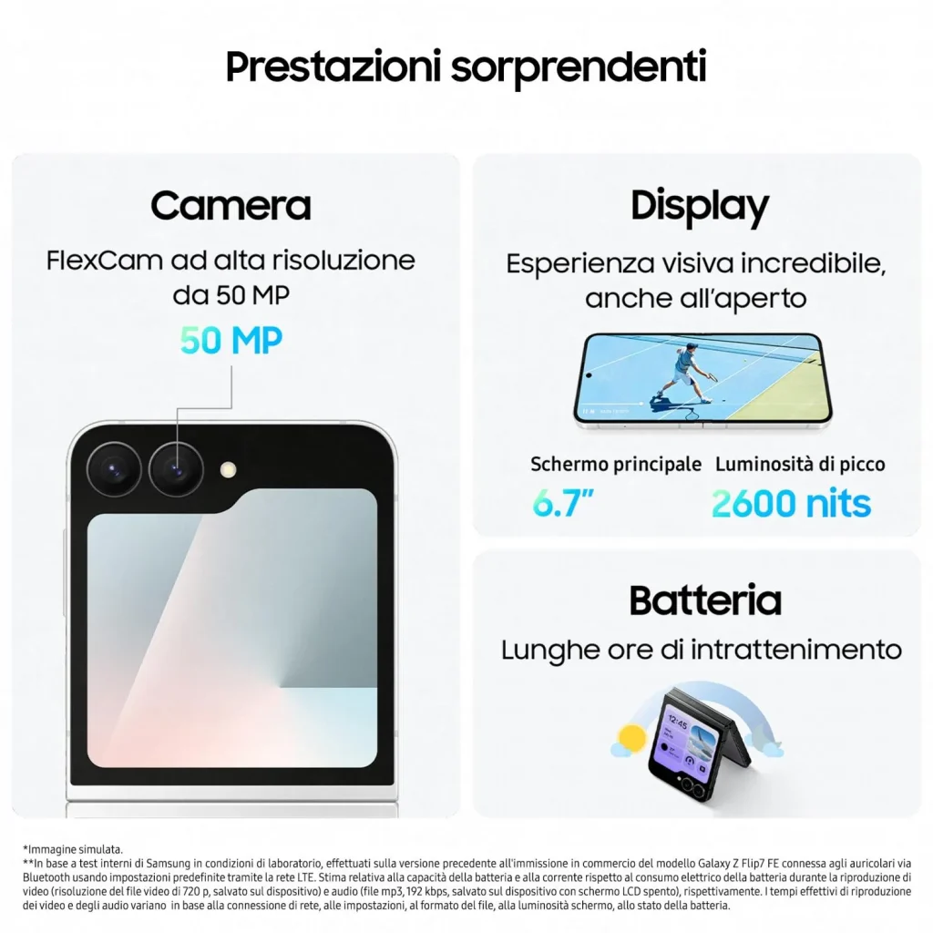 Samsung Galaxy Z Flip7 FE Smartphone 3,4"/6,7" Display Dynamic AMOLED 2X 5G RAM 8 Gb Memoria Interna 128 Gb Android colore Nero - SM-F761BZKGEUE