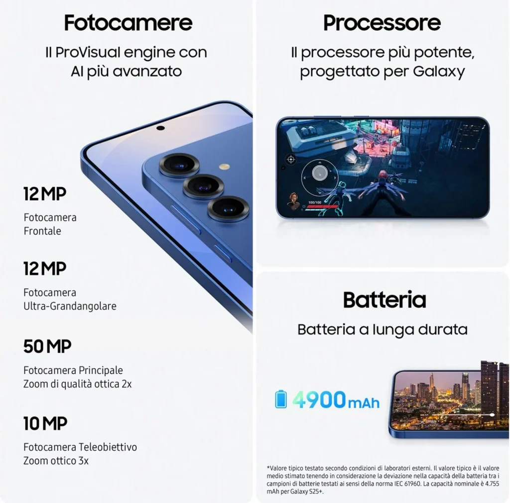 Samsung Galaxy S25+ Smartphone 6.7" AI 5G Display QHD+ Dynamic AMOLED 2X RAM 12 GB Memoria Interna 512 GB Fotocamera 50 MP Android colore Silver Shadow - SM-S936BZSGEUE