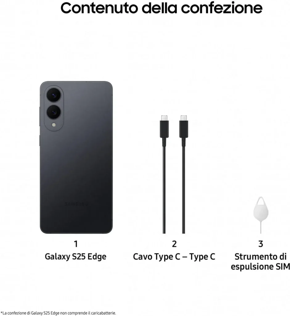 Samsung Galaxy S25 Edge Smartphone 6,7" RAM 12 GB Capacità 512 GB Risoluzione 200 MP Sistema Android colore Nero - SM-S937BZKGEUE