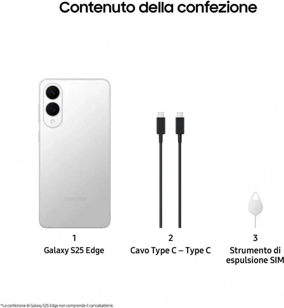 Samsung Galaxy S25 Edge Smartphone 6,7" RAM 12 GB Capacità 256 GB Risoluzione 200 MP Sistema Android colore Argento - SM-S937BZSDEUE