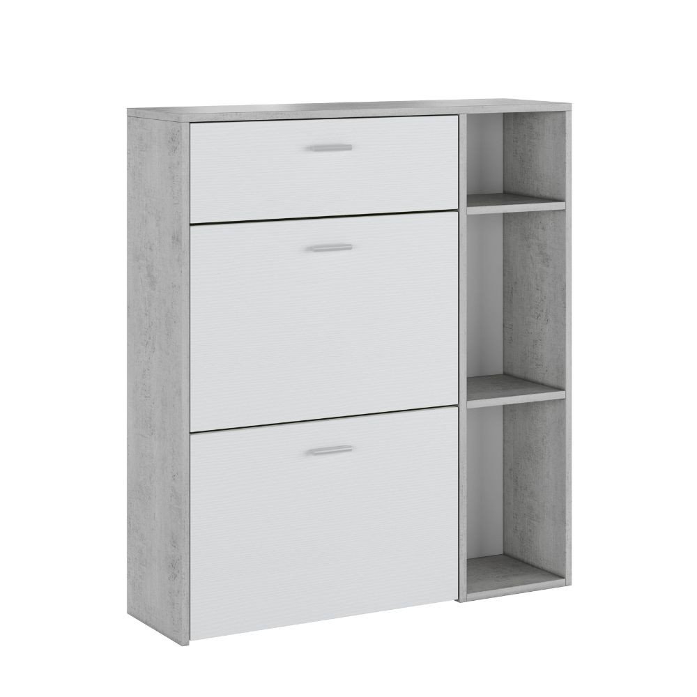 Scarpiera Takimi con 2 ante a ribalta 1 cassetto colore cemento e bianco