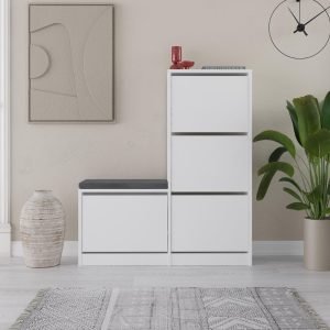 Scarpiera con panca Dude con 4 ante a ribalta colore bianco