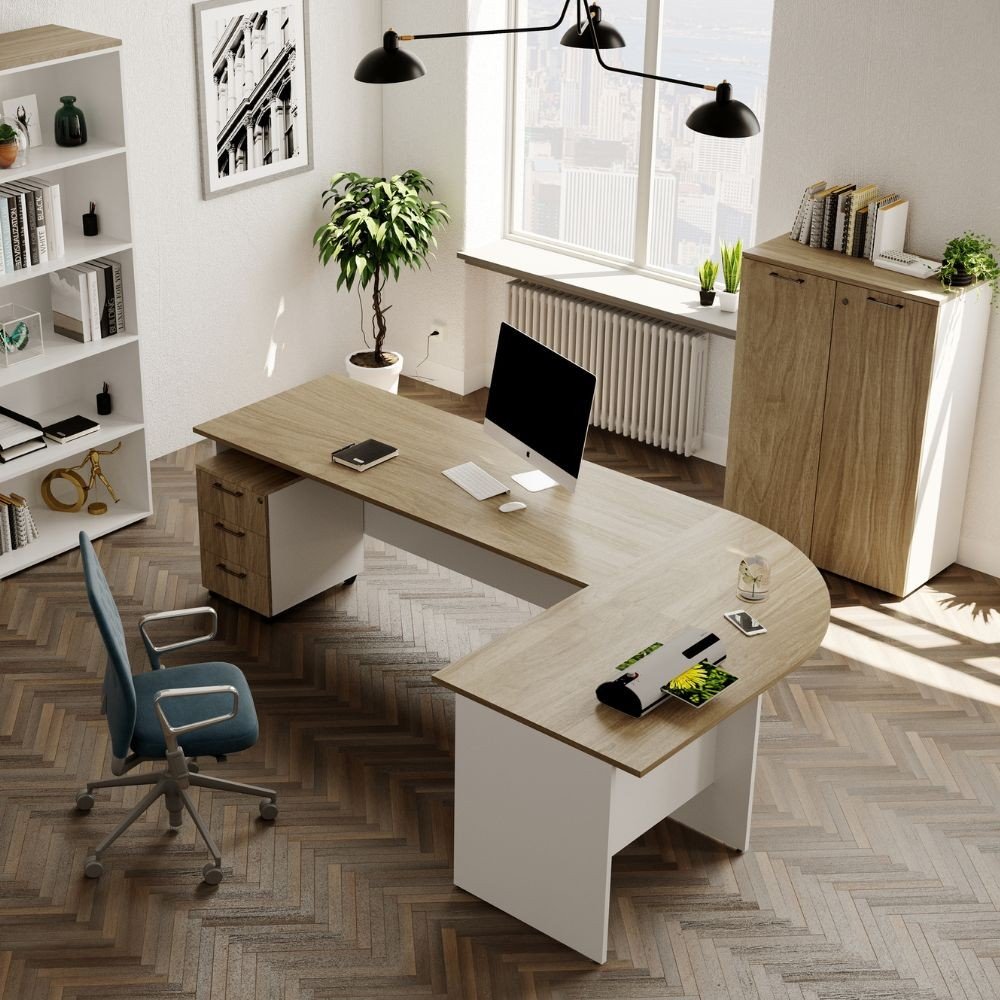 Scrivania Ibisco 160x80x74H cm con struttura bianco frassinato e piano noce naturale
