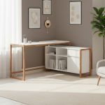 Scrivania angolare New Denver37A reversibile con 1 cassetto 1 anta e 4 ripiani in bianco e rovere