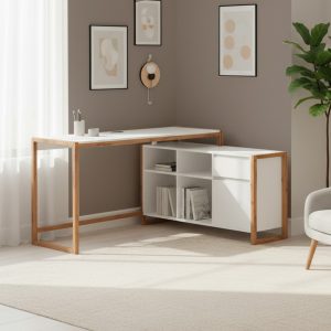 Scrivania angolare New Denver37A reversibile con 1 cassetto 1 anta e 4 ripiani in bianco e rovere