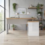 Scrivania angolare Zenzero reversibile con due ante due vani a giorni e un cassetto bianco lucido e cadiz