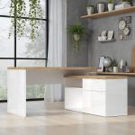 Scrivania angolare Zenzero reversibile con due ante due vani a giorni e un cassetto bianco lucido e cadiz