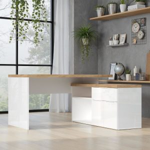 Scrivania angolare Zenzero reversibile con due ante due vani a giorni e un cassetto bianco lucido e cadiz
