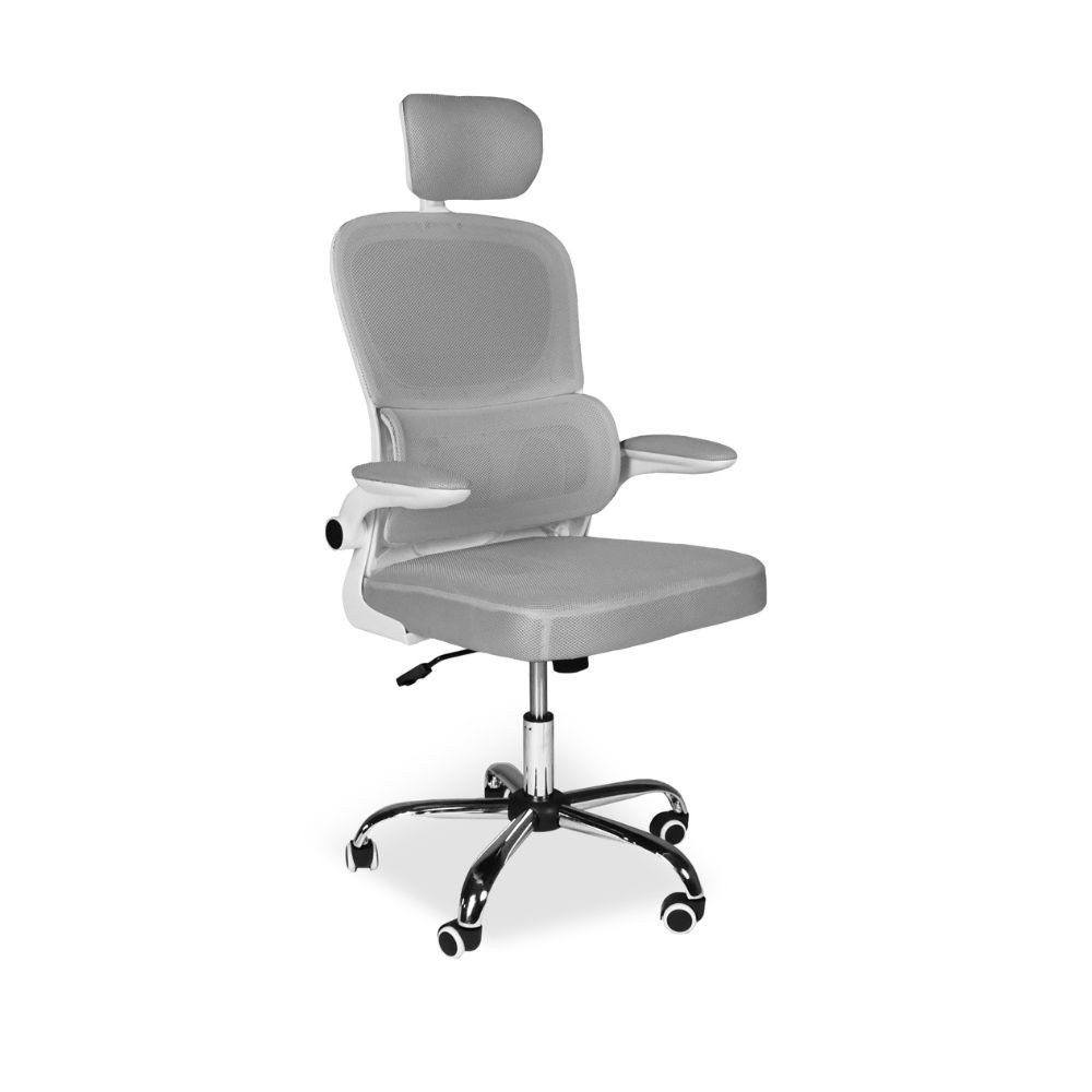 Sedia da ufficio ergonomica Vibes con struttura bianca e seduta in tessuto a rete grigio con base cromata