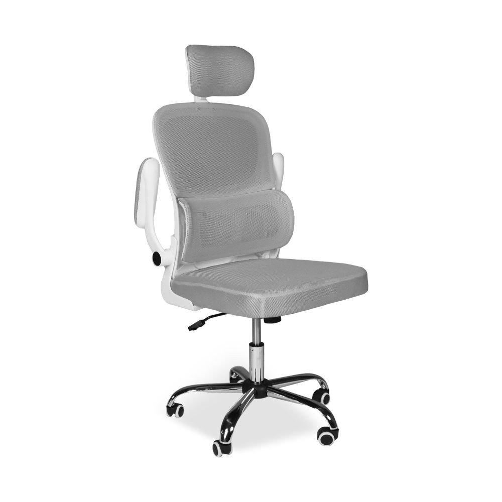 Sedia da ufficio ergonomica Vibes con struttura bianca e seduta in tessuto a rete grigio con base cromata
