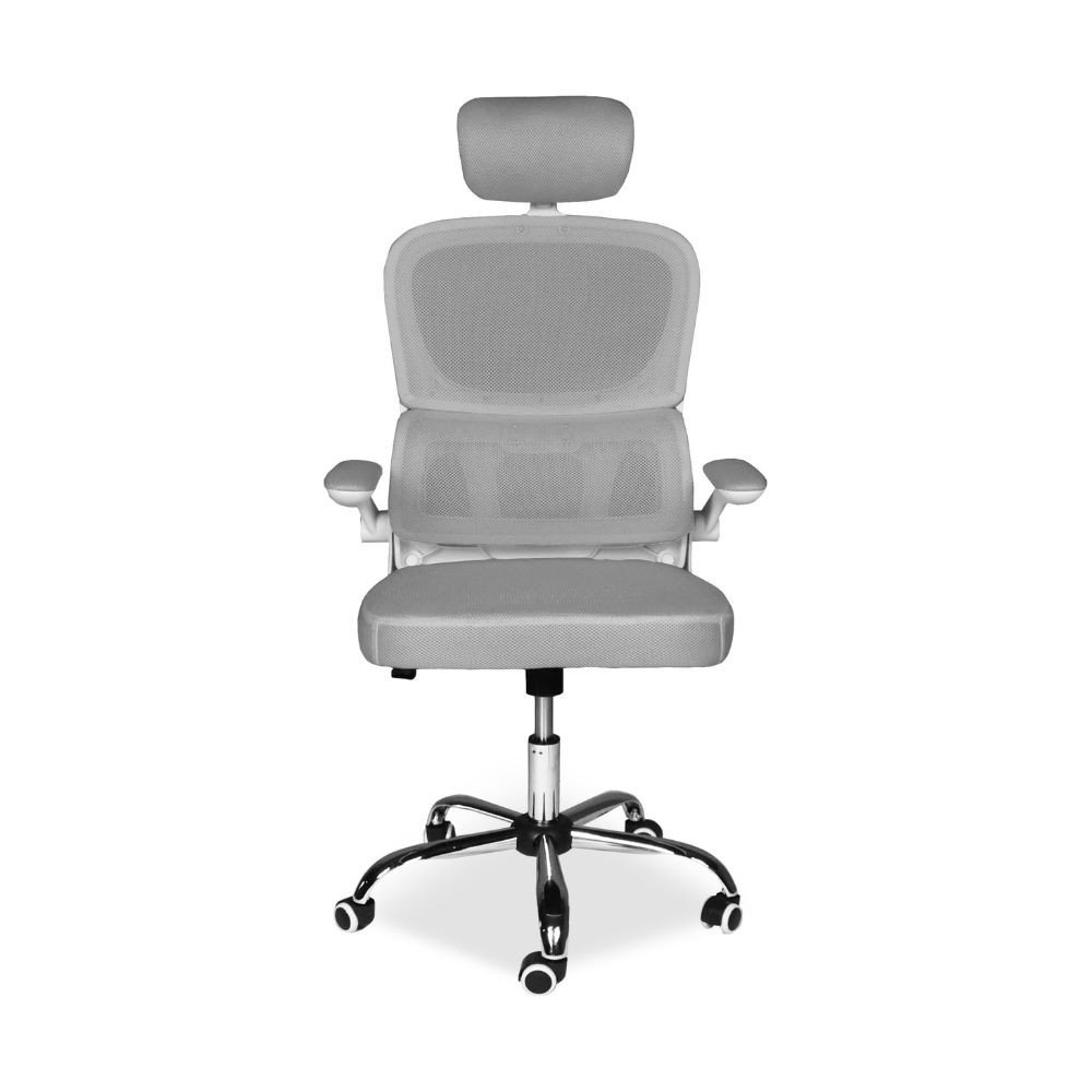 Sedia da ufficio ergonomica Vibes con struttura bianca e seduta in tessuto a rete grigio con base cromata