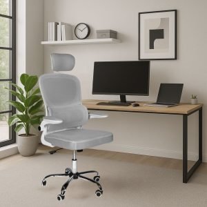 Sedia da ufficio ergonomica Vibes con struttura bianca e seduta in tessuto a rete grigio con base cromata