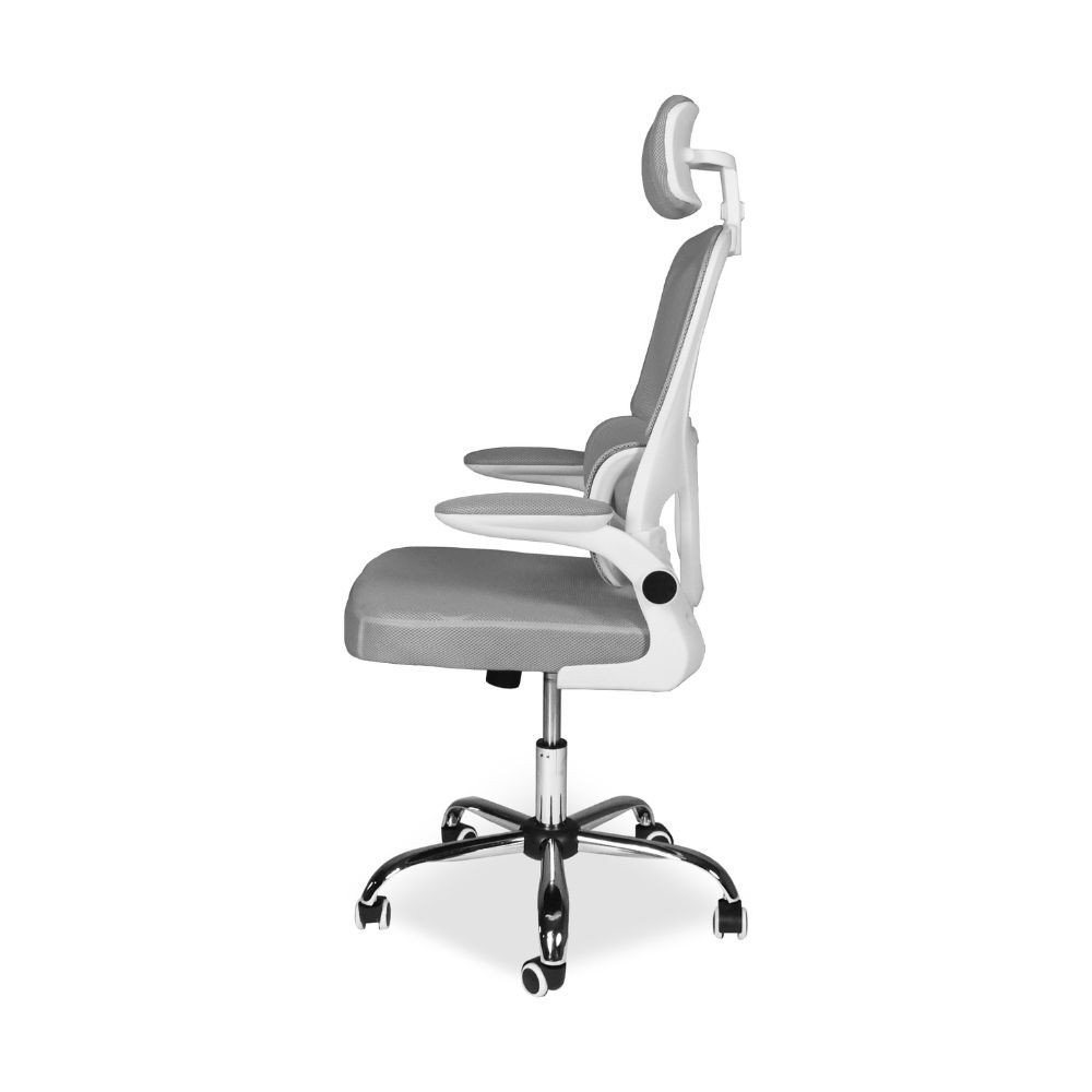 Sedia da ufficio ergonomica Vibes con struttura bianca e seduta in tessuto a rete grigio con base cromata