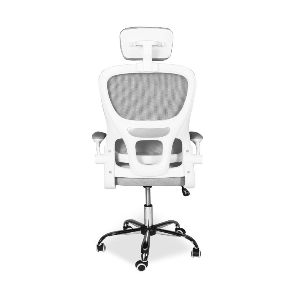 Sedia da ufficio ergonomica Vibes con struttura bianca e seduta in tessuto a rete grigio con base cromata