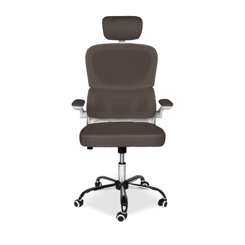 Sedia da ufficio ergonomica Vibes con struttura bianca e seduta in tessuto a rete tortora con base cromata