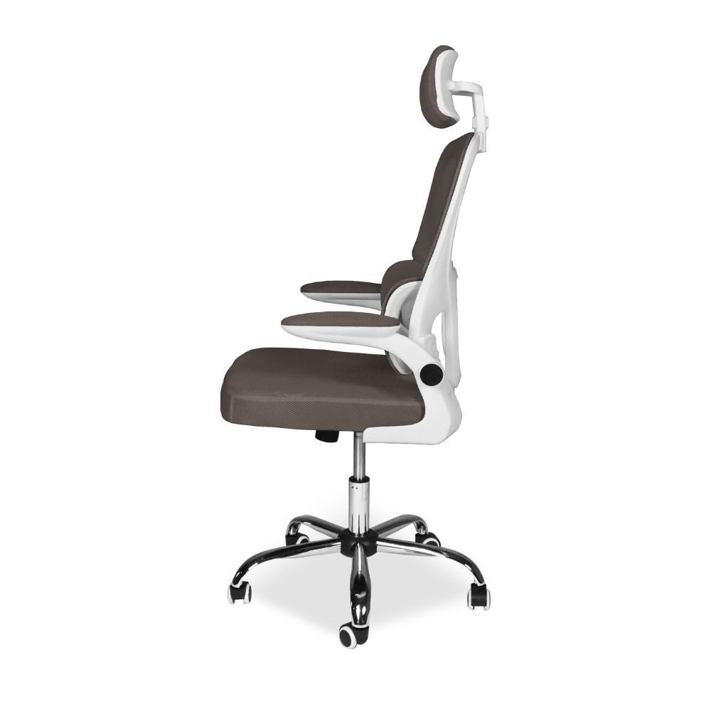 Sedia da ufficio ergonomica Vibes con struttura bianca e seduta in tessuto a rete tortora con base cromata