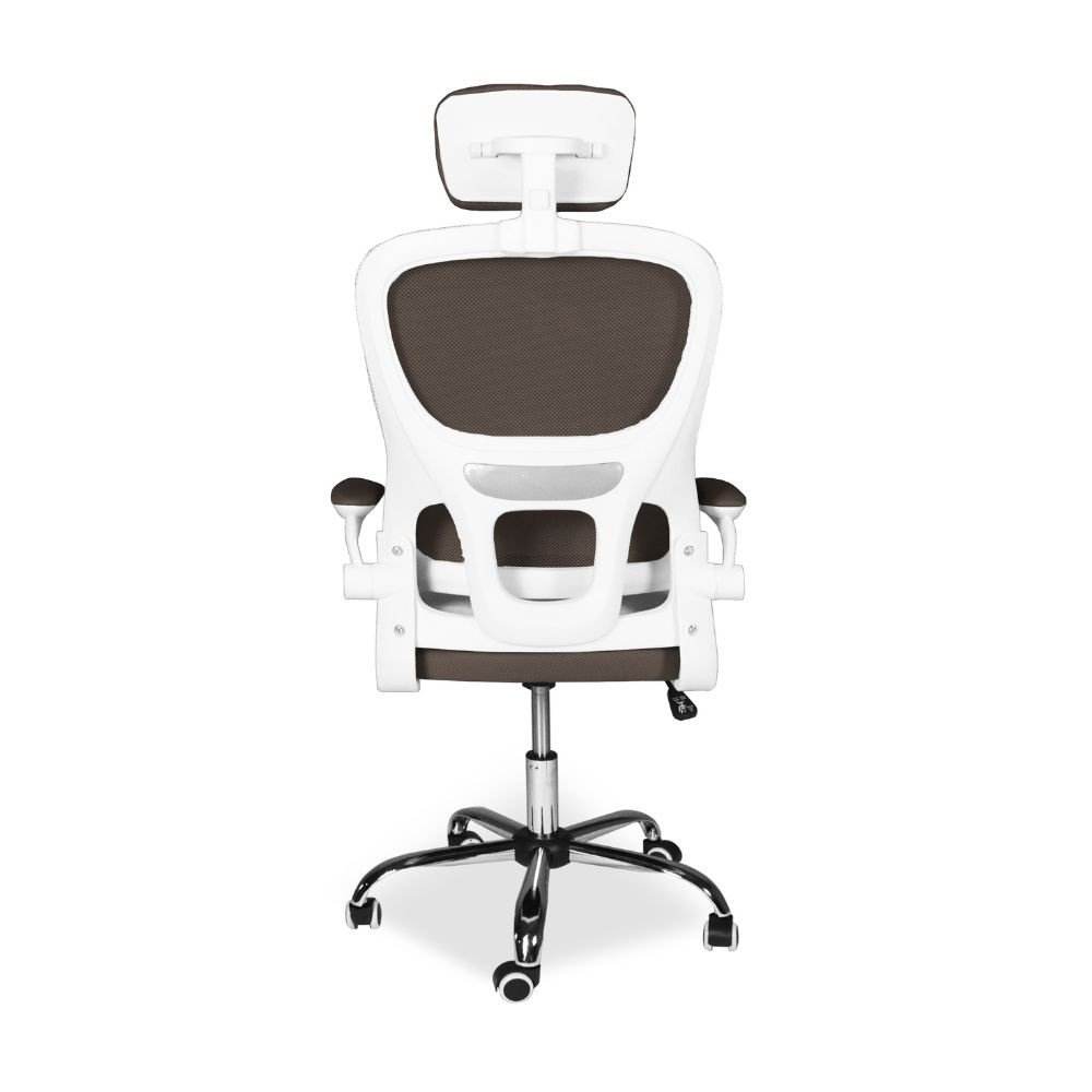 Sedia da ufficio ergonomica Vibes con struttura bianca e seduta in tessuto a rete tortora con base cromata