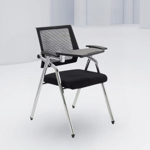 Sedia ufficio Loreto con tavolino ribaltabile, gambe in acciaio cromato e schienale in rete colore nero